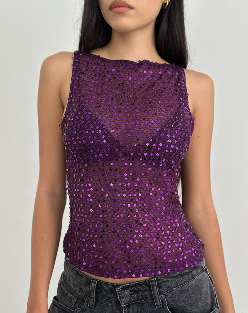 Dudley Vest Top in Sequin Knit Plum Wine