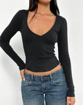 Dulcet Ribbed Plunge Long Sleeve Top in Black