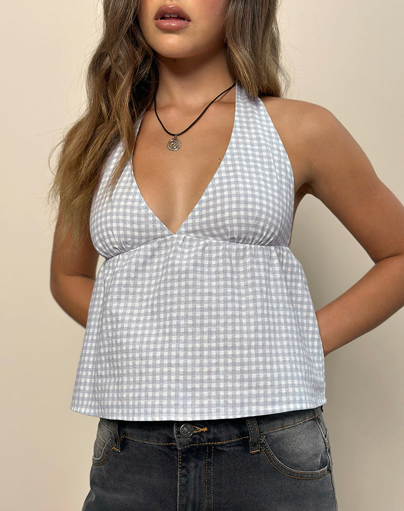 Eldana Halter Top in Mini Gingham Blue and Grey