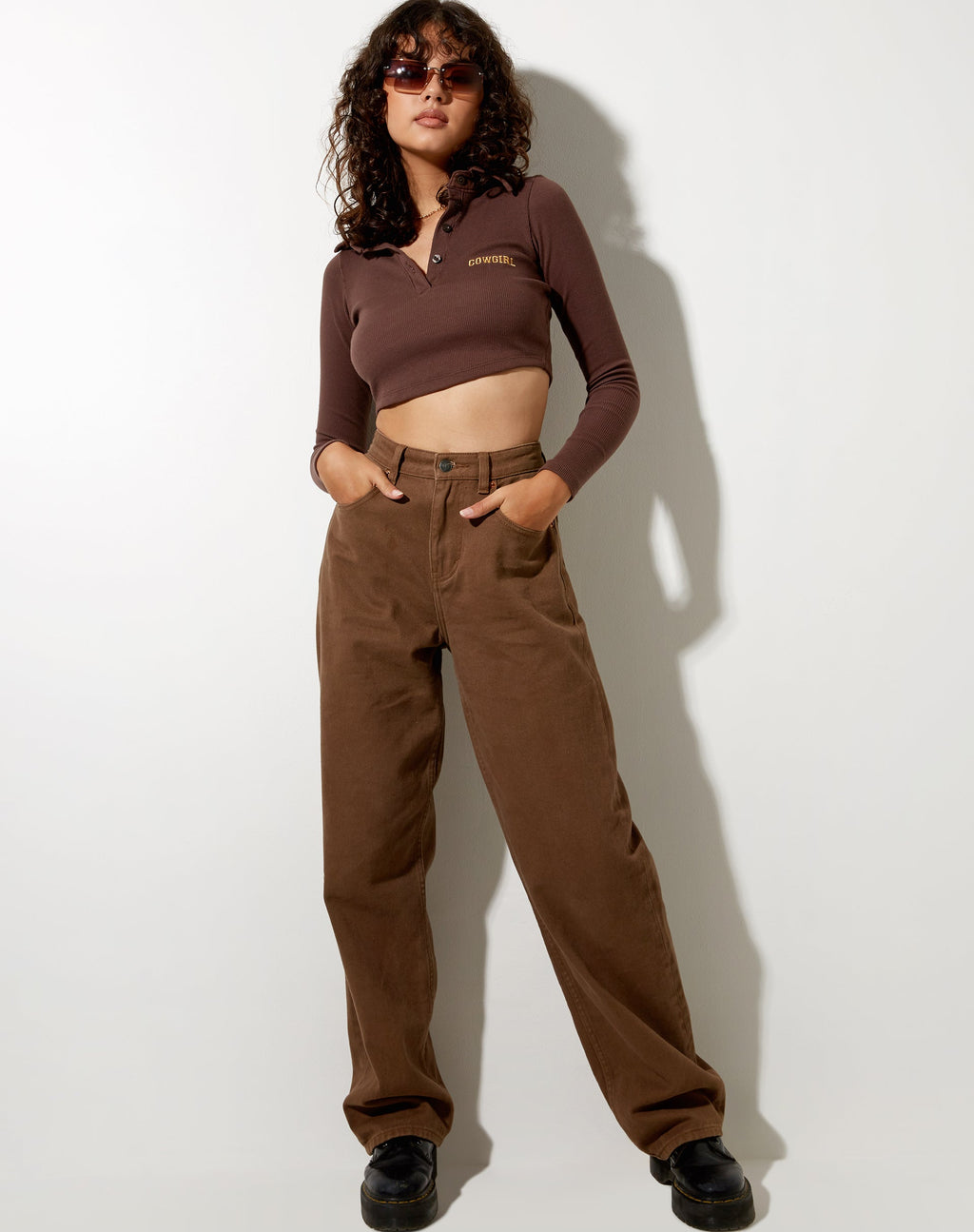 Elody Crop Top in Rib Deep Mahogany Cowgirl Embro