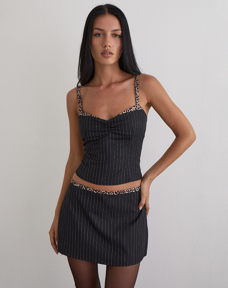 Elsa Top in Pinstripe Black with Leopard Binding