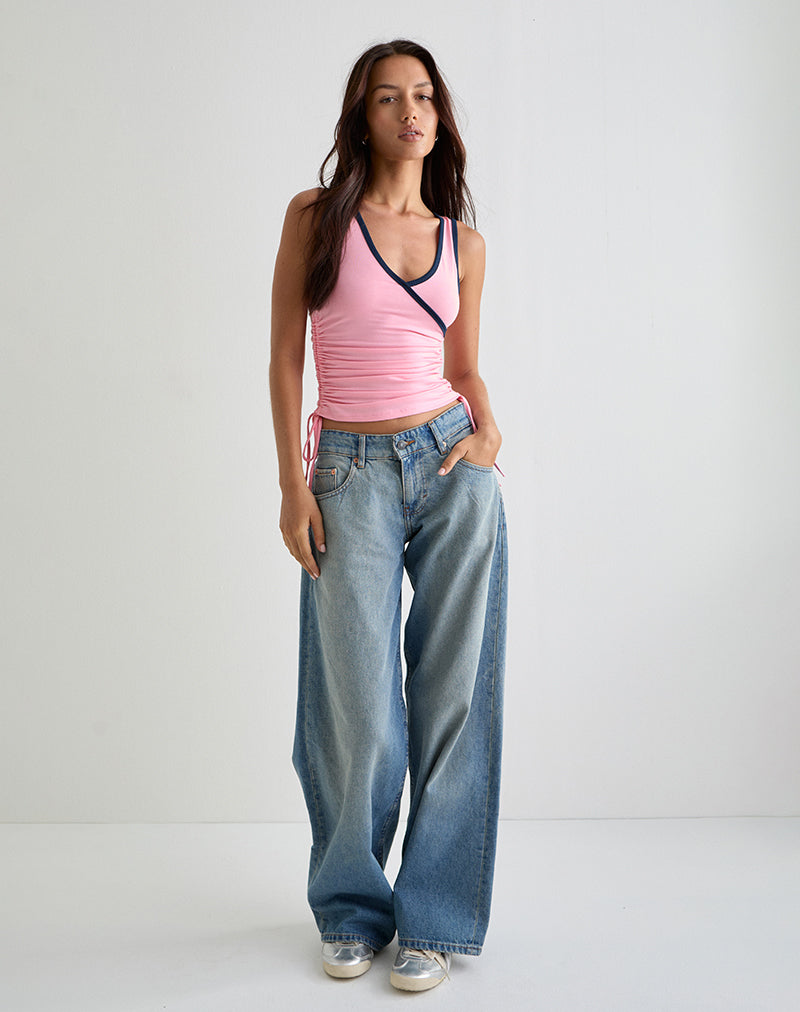 Laird Wrap Top in Ballet Pink with Navy Binding