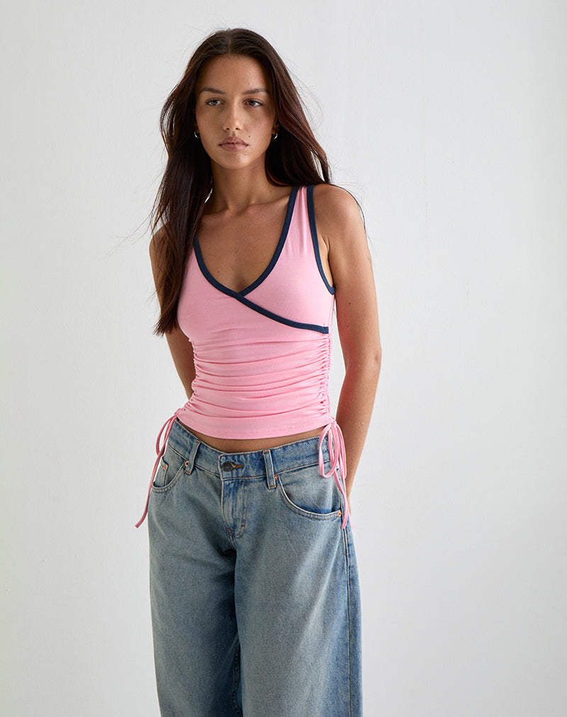 Laird Wrap Top in Ballet Pink with Navy Binding