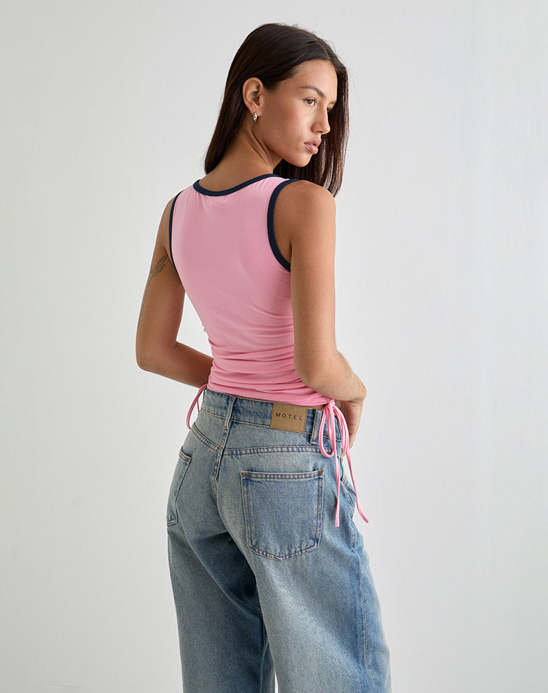 Laird Wrap Top in Ballet Pink with Navy Binding