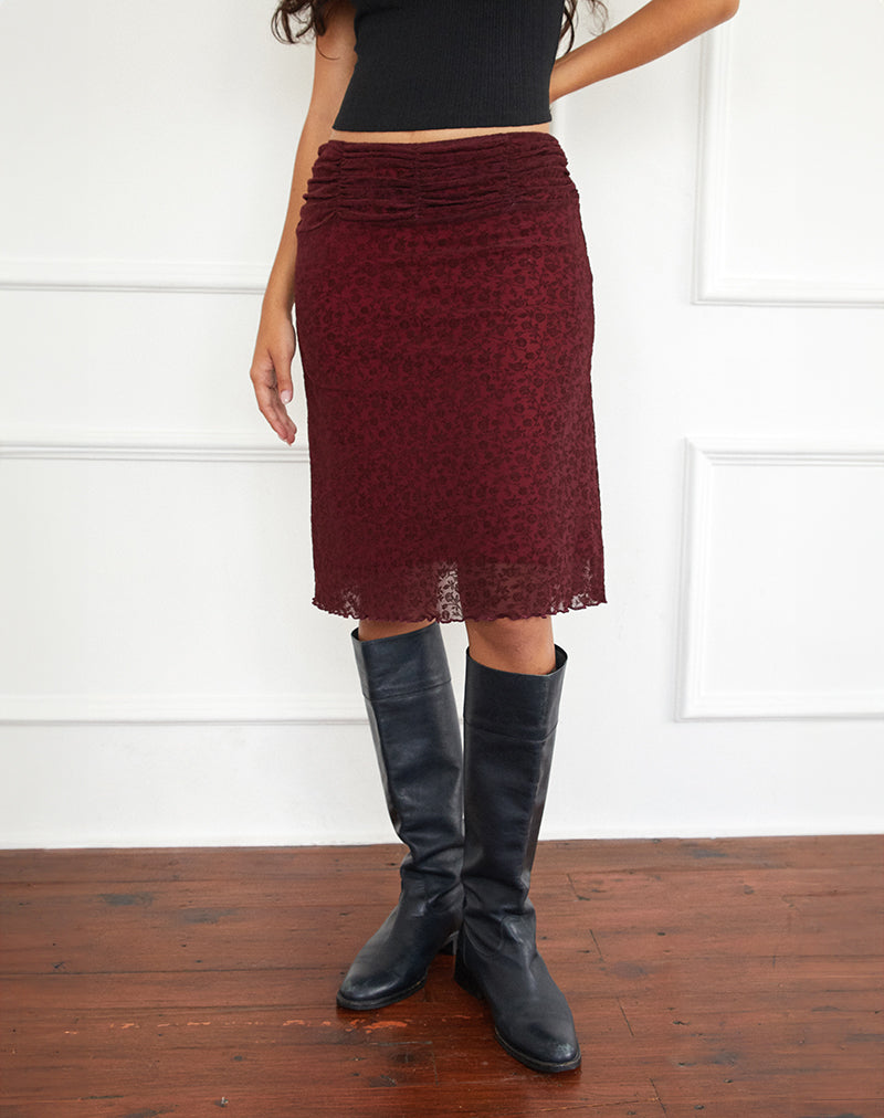 Erato Midi Skirt in Ditsy Flock Burnt Maroon
