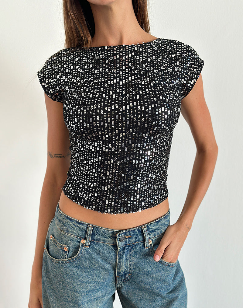 Erika Backless Top in Black Gauzy Sequin