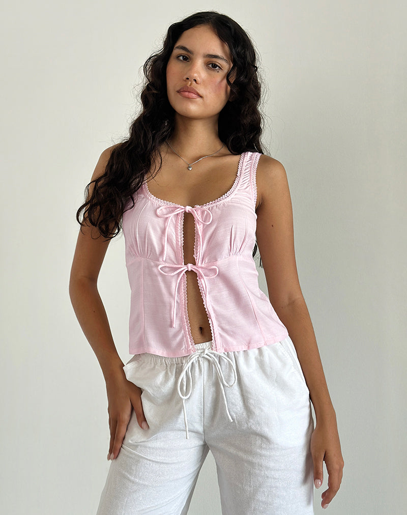 Esau Tie Front Top in Light Pink Private Slub