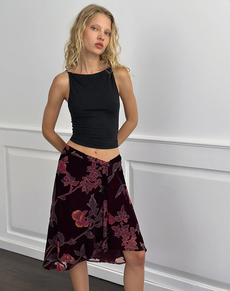 Esti Midi Skirt in Floral Devore Burgundy