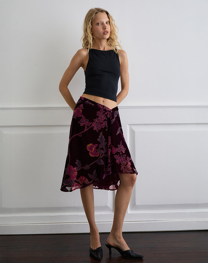 Esti Midi Skirt in Floral Devore Burgundy