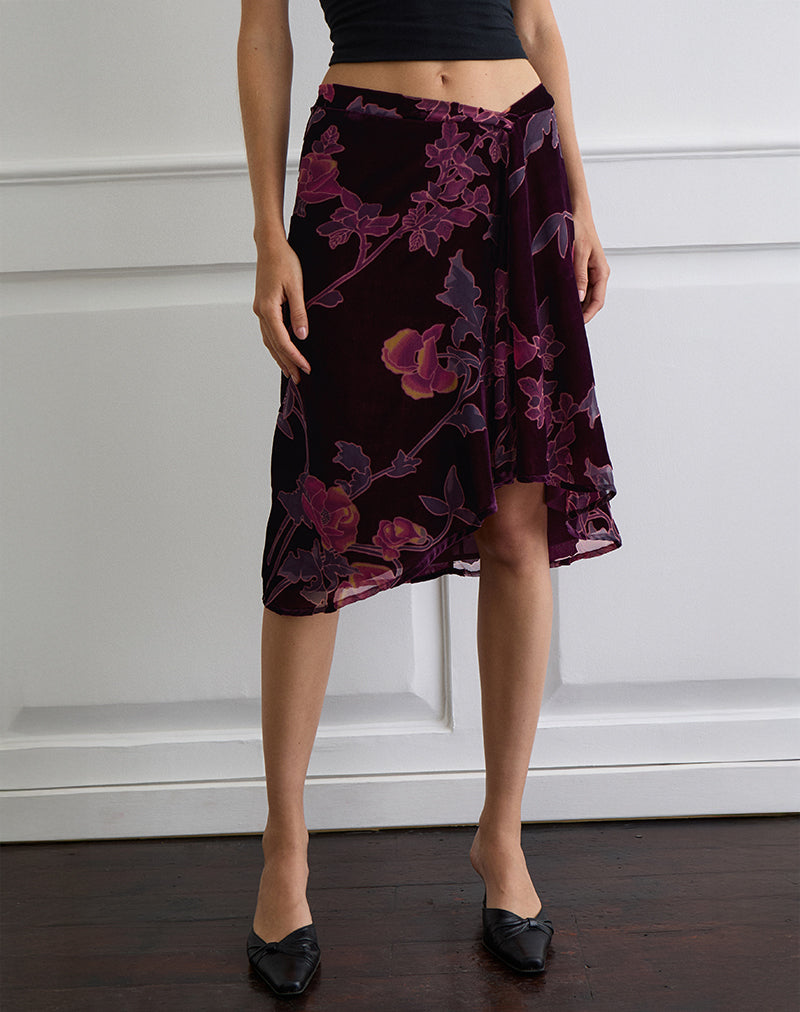 Esti Midi Skirt in Floral Devore Burgundy