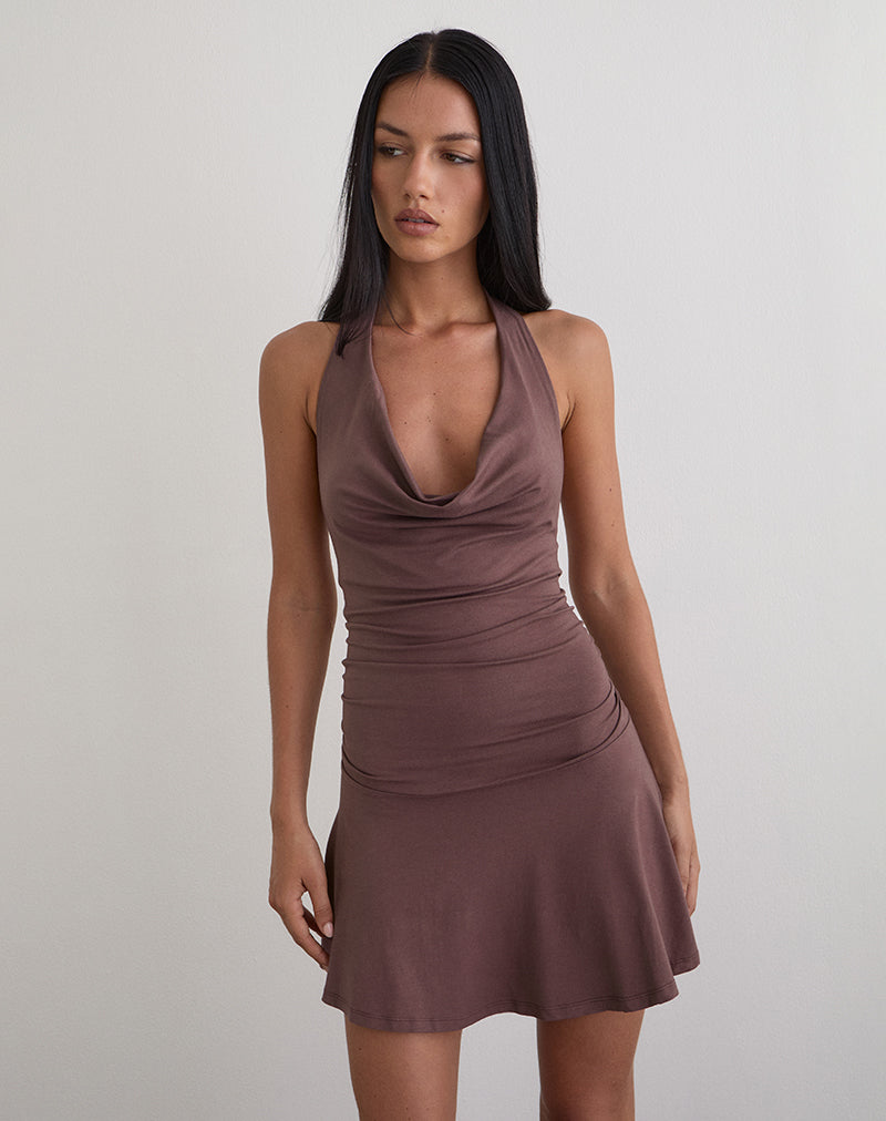 Eutalia Cowl Neck Halter Dress in Deep Taupe