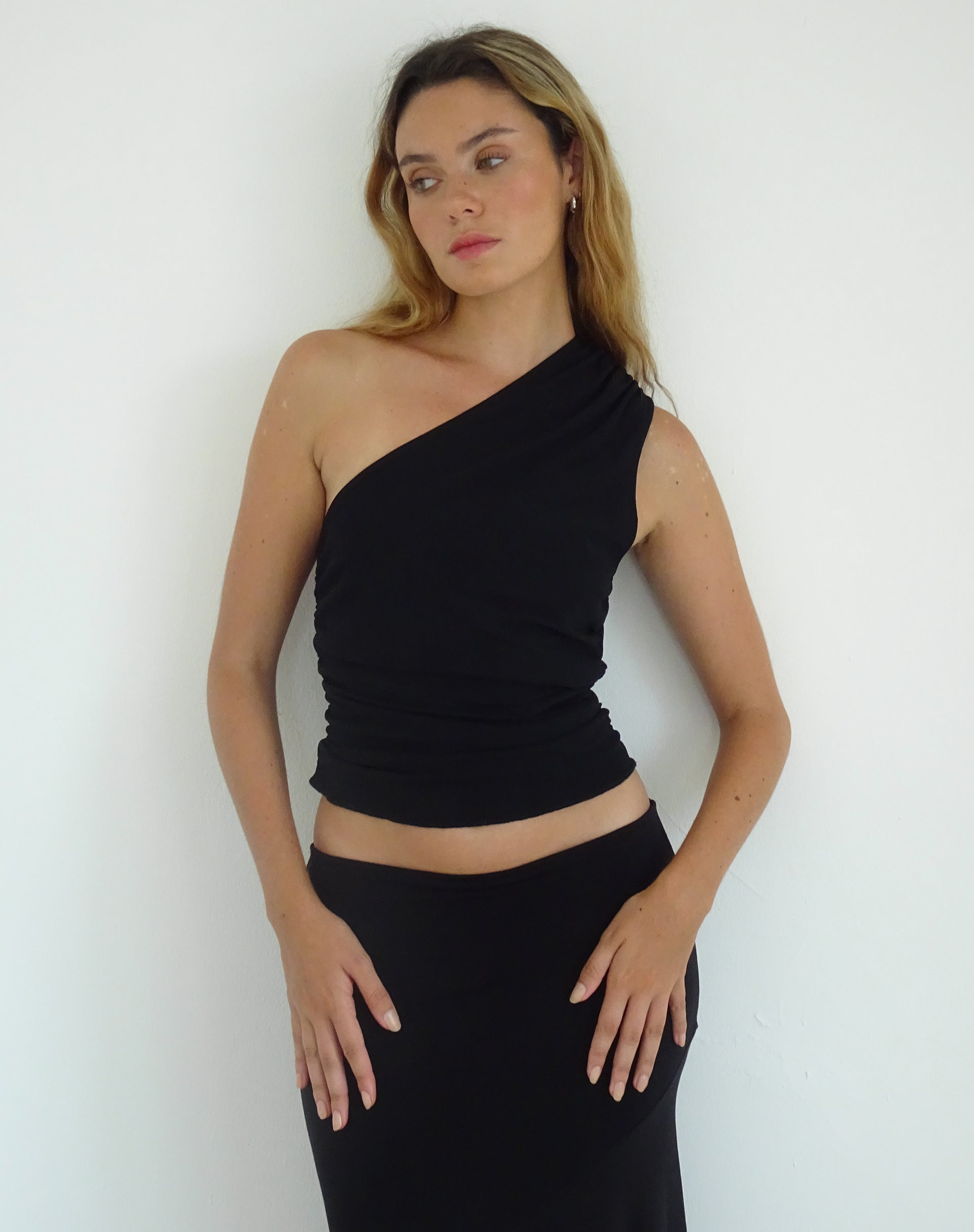 Evelina One Shoulder Top in Black Mesh