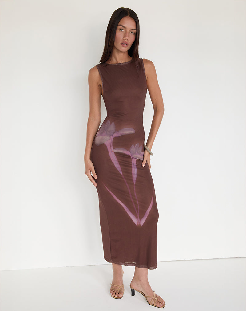 Fayola Maxi Dress in Blurred Floral Print Brown