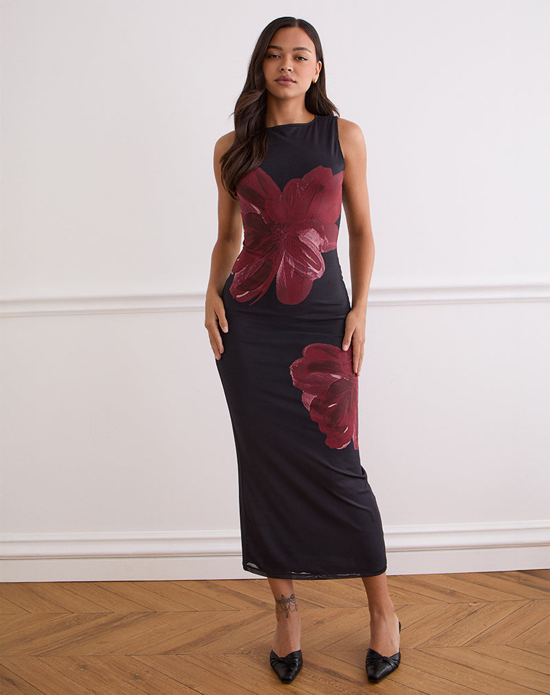 Fayola Maxi Dress In Black with Burgundy Watercolour Flower