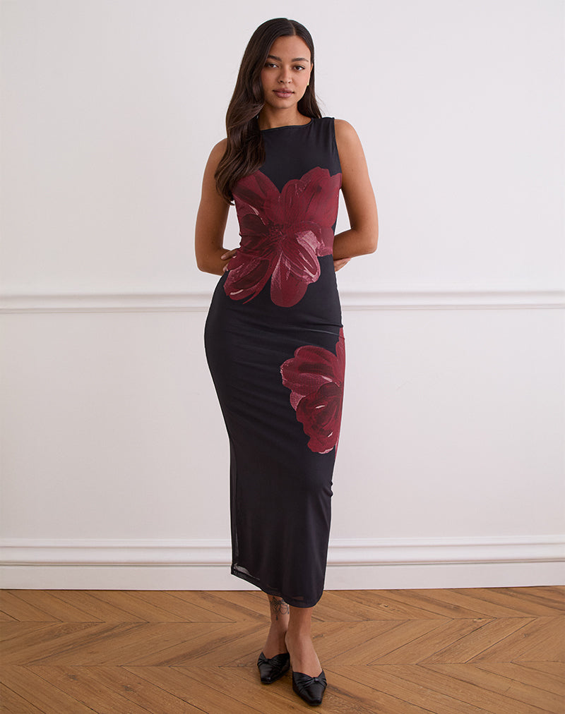 Fayola Maxi Dress In Black with Burgundy Watercolour Flower