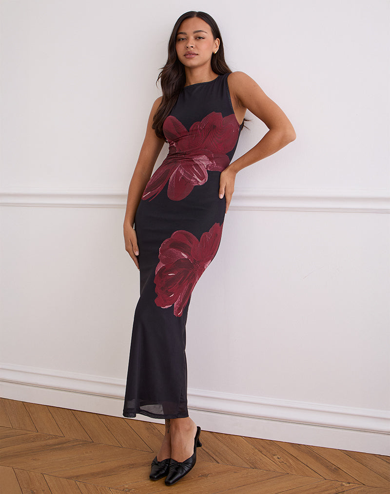 Fayola Maxi Dress In Black with Burgundy Watercolour Flower