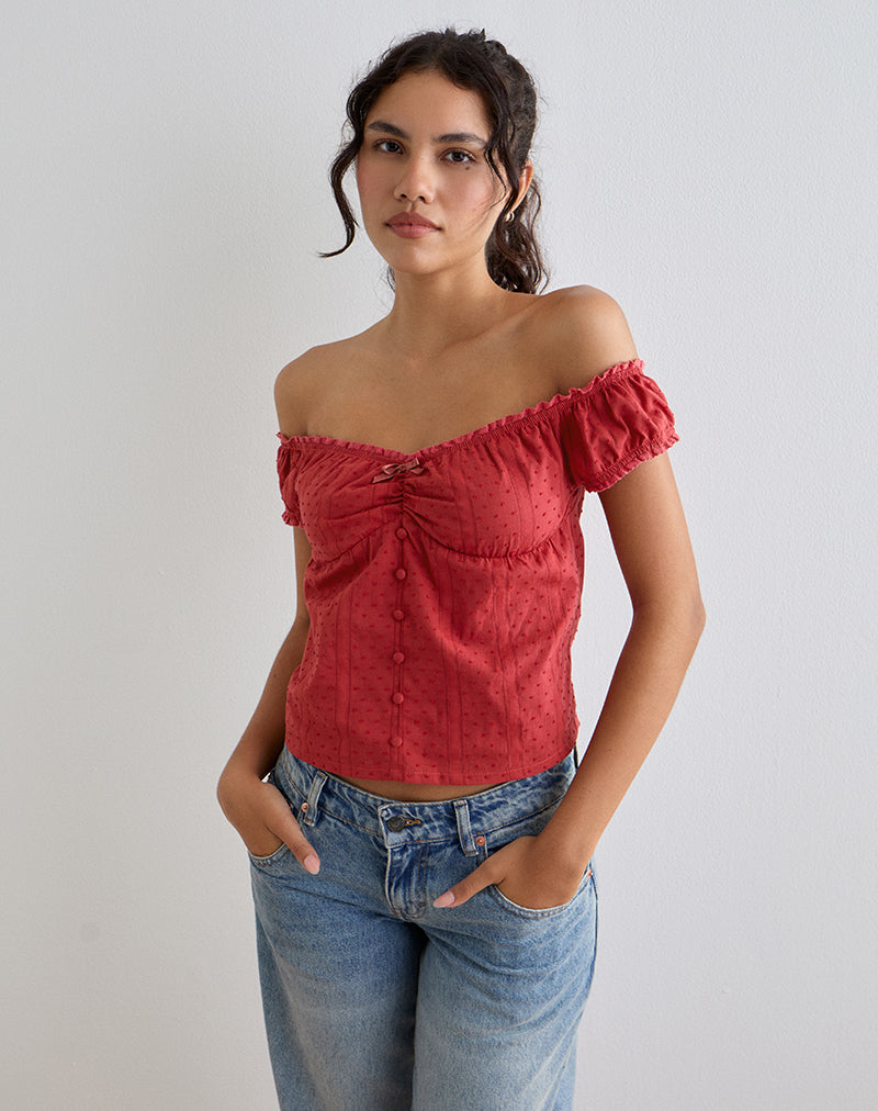 Fayra Bardot Corset Top in Cotton Dobby Red