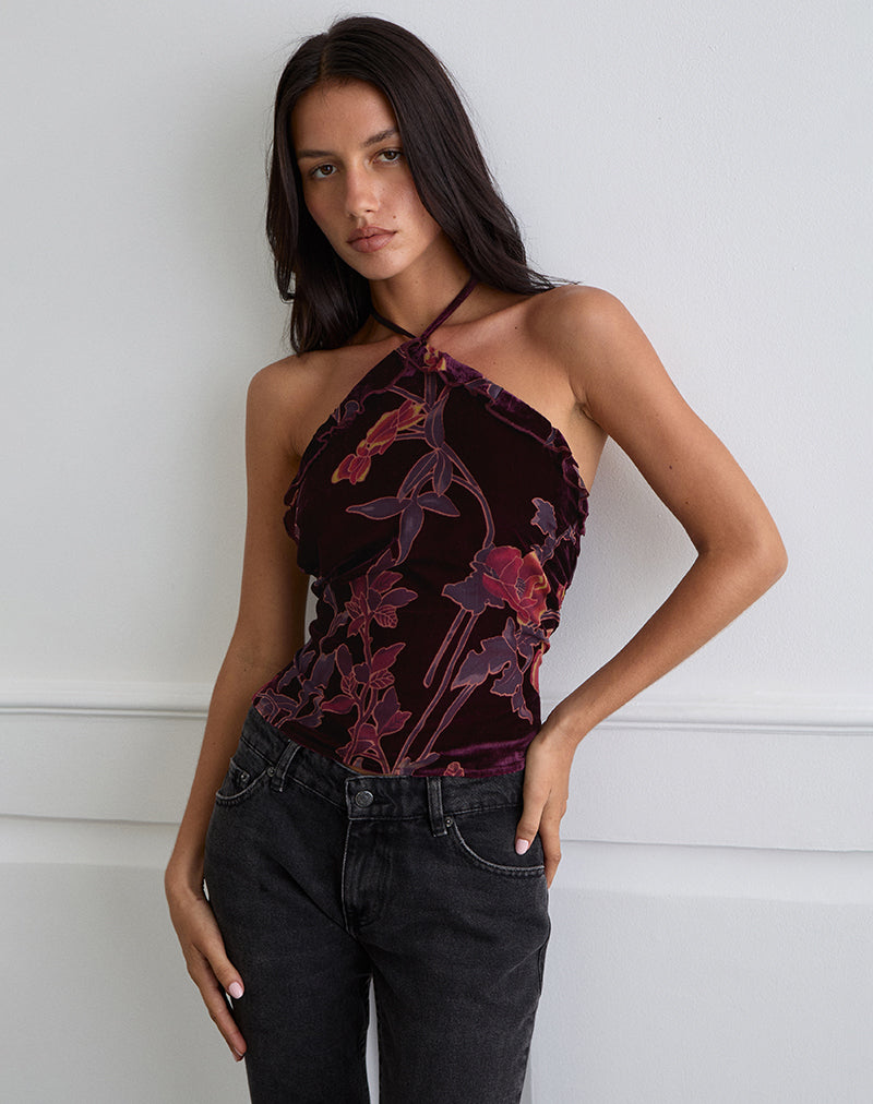 Fiorella Top in Floral Devore Burgundy