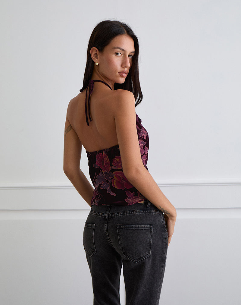 Fiorella Top in Floral Devore Burgundy