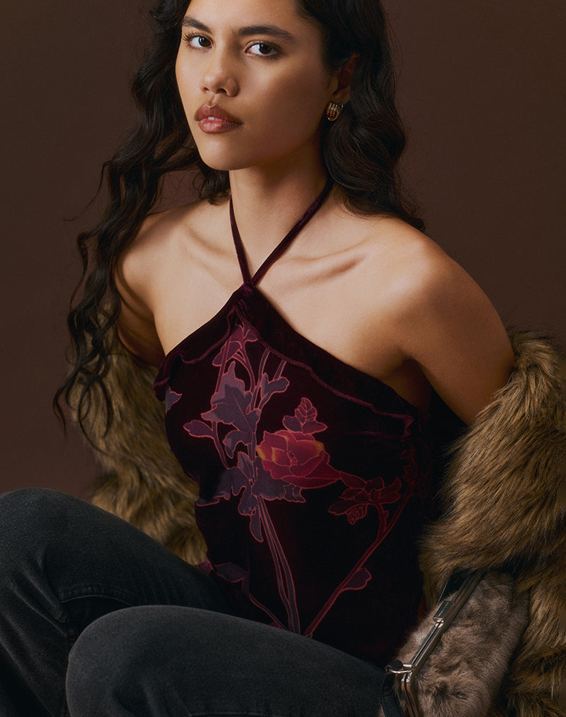 Fiorella Top in Floral Devore Burgundy