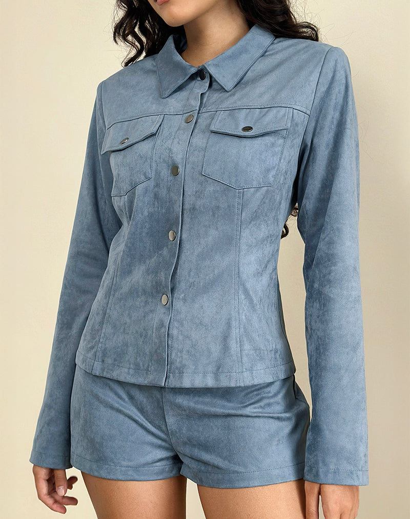 Fyodora Jacket in Faux Suede Dusty Blue