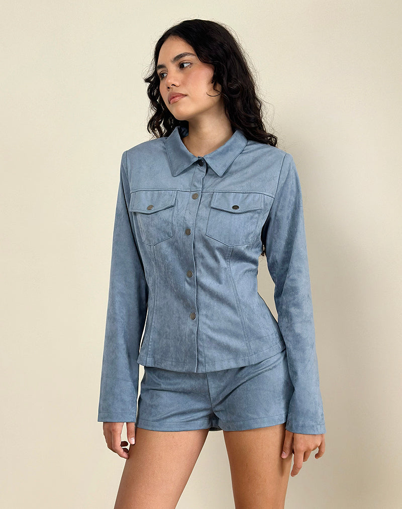 Fyodora Jacket in Faux Suede Dusty Blue