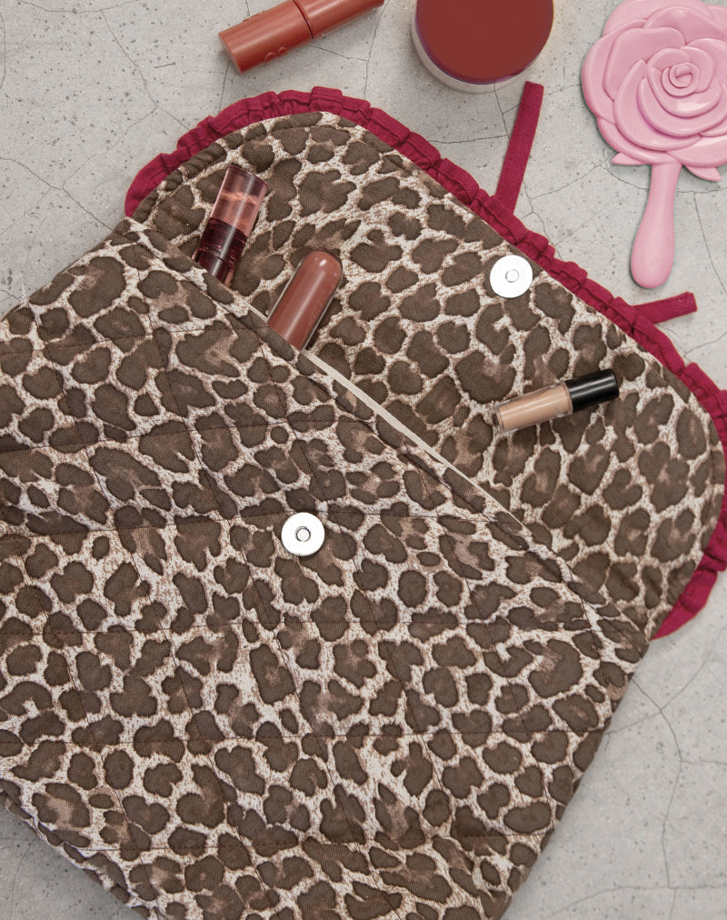 Fold Over Makeup Bag in Leopard with Red Frill Bow