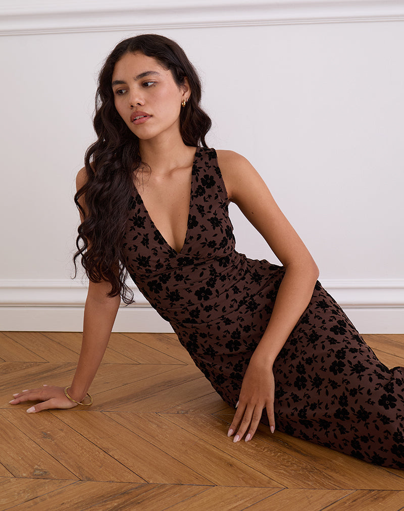 Gabriela Midi Dress in Garden Floral Brown