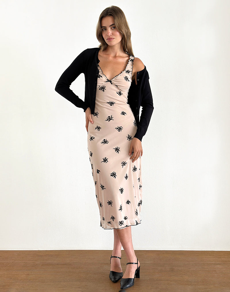 Gandira Midi Dress in Cluster Ditsy Floral Flock Nude