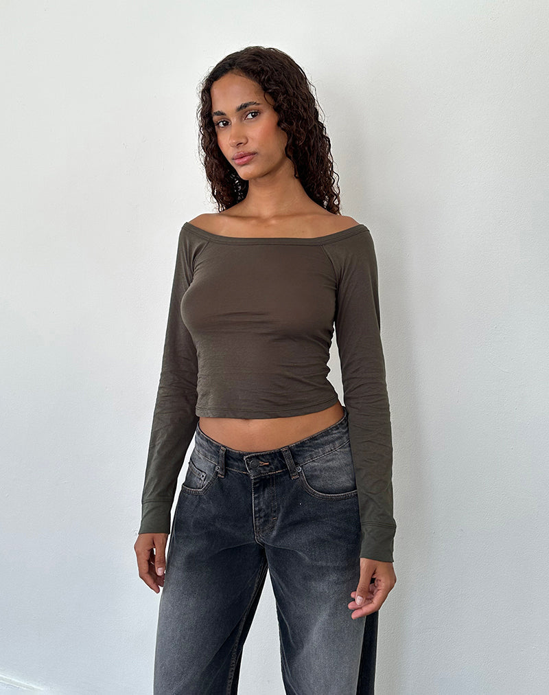Gavya Long Sleeve Bardot Top in Olive Jersey