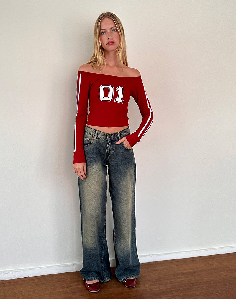 Gavya Long Sleeve Bardot Top In Adrenaline Red with White Piping