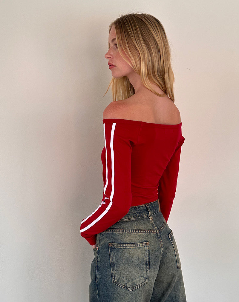 Gavya Long Sleeve Bardot Top In Adrenaline Red with White Piping