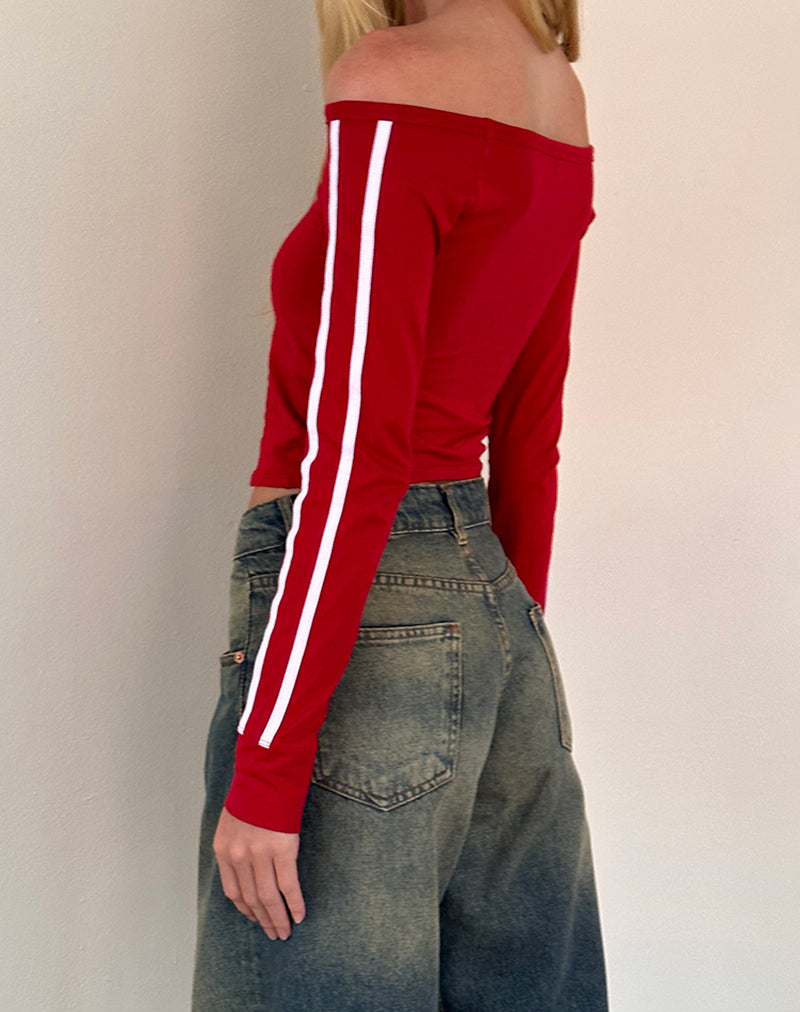 Gavya Long Sleeve Bardot Top In Adrenaline Red with White Piping