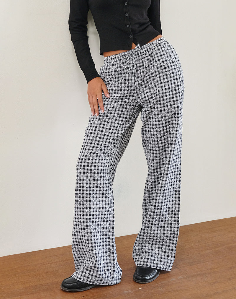 Wasic Wide Leg Trouser in Floral Gingham Black
