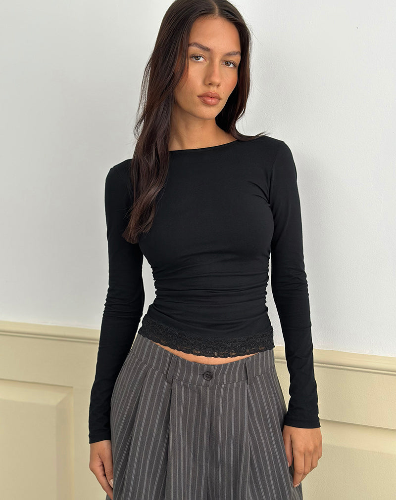Gomira Long Sleeve Top in Black with Lace Trim