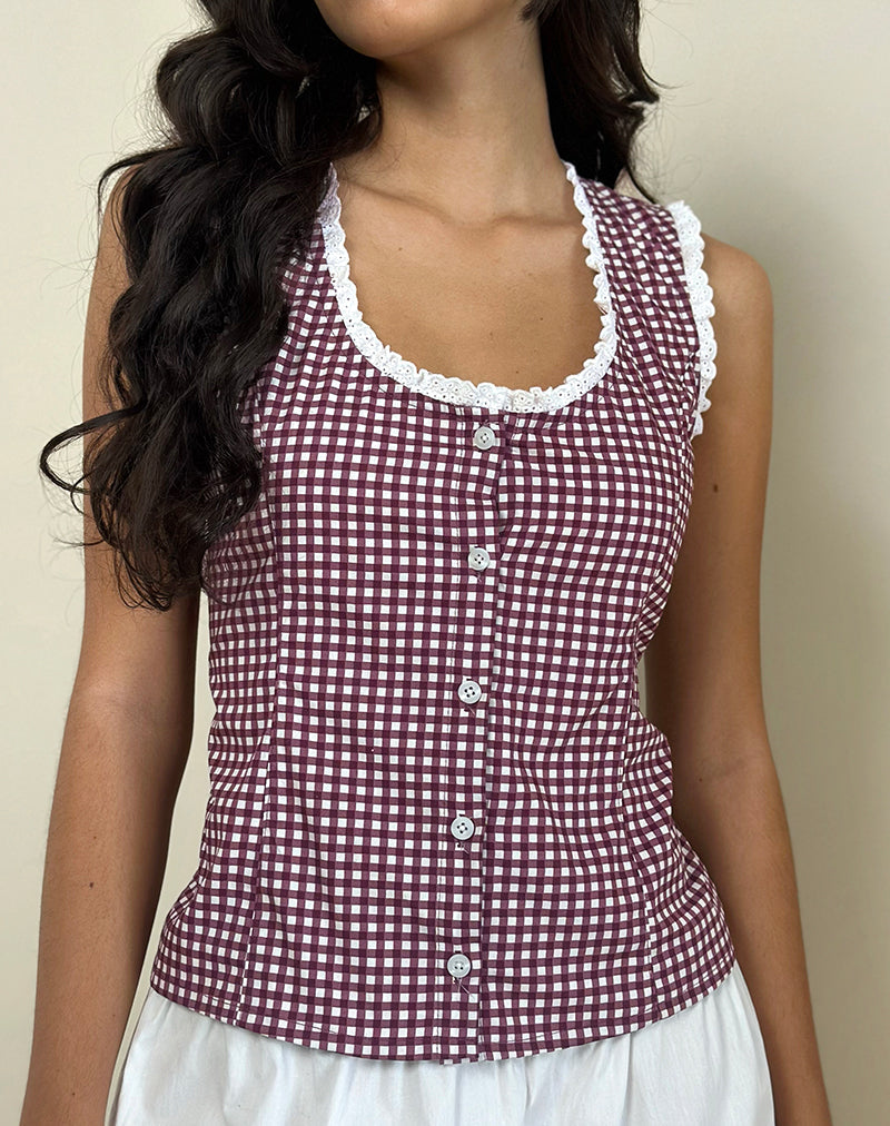 Gronita Blouse in Mini Gingham Wine with White Lace