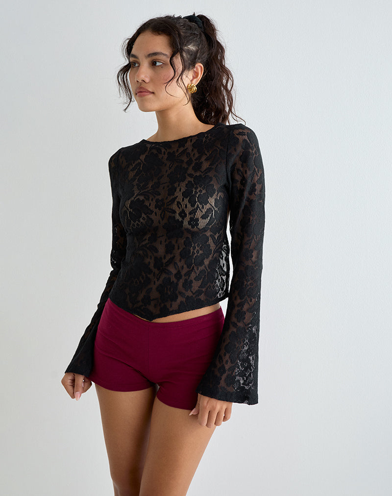 Halfi Long Sleeve Top in Hibiscus Crochet Lace Black