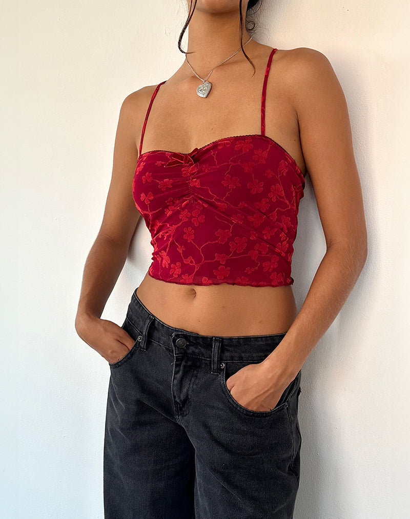 Halusi Cami Top in Grunge Floral Flock Red