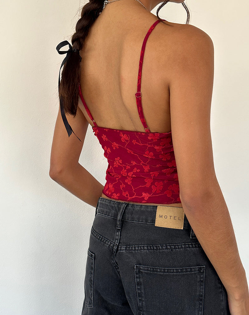 Halusi Cami Top in Grunge Floral Flock Red