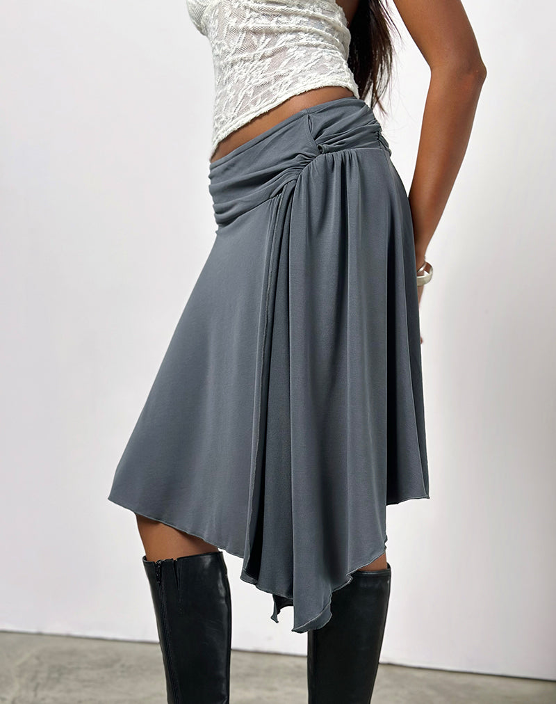Harlan Asymmetric Midi Skirt in Cupro Grey