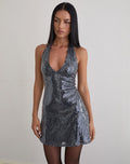 Hepasi Halter Mini Dress in Clear Tinted Sequin Charcoal