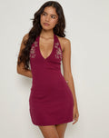 Hepzhi Mini Dress in Burgundy With Floral Embroidery