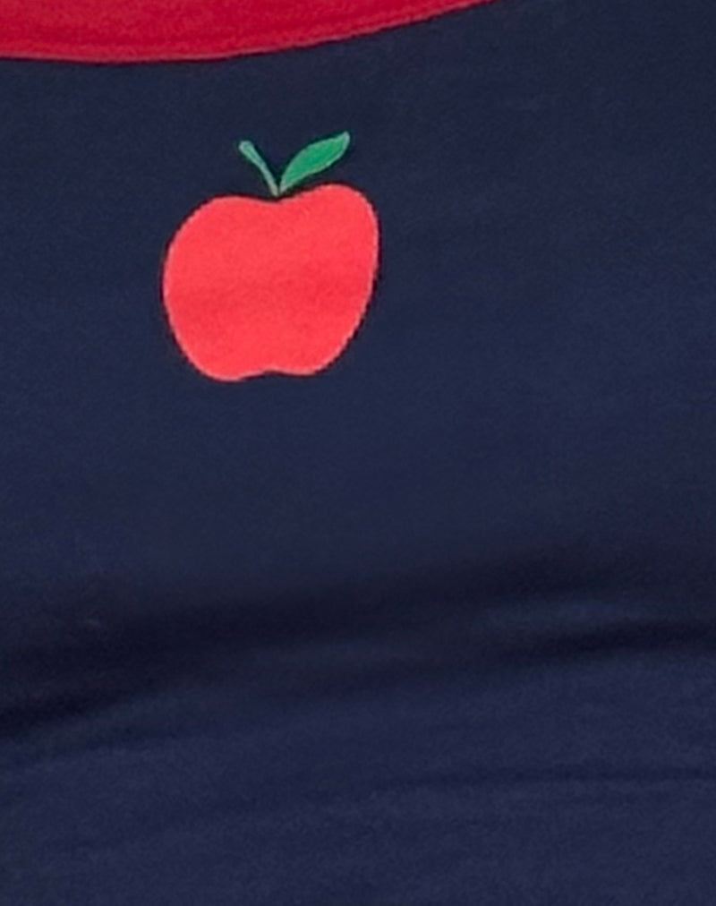 Icah Vest Top in Navy with Red Binding and Apple Motif