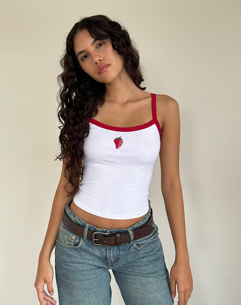 Icah Vest Top in White with Red Binding and Strawberry