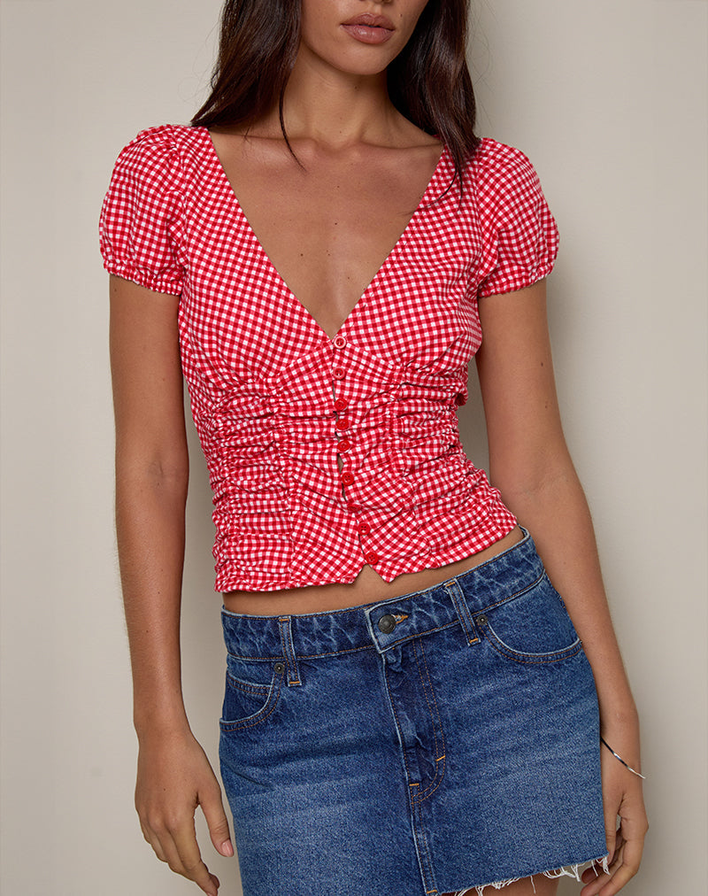 Ilase Ruched Blouse in Red Gingham