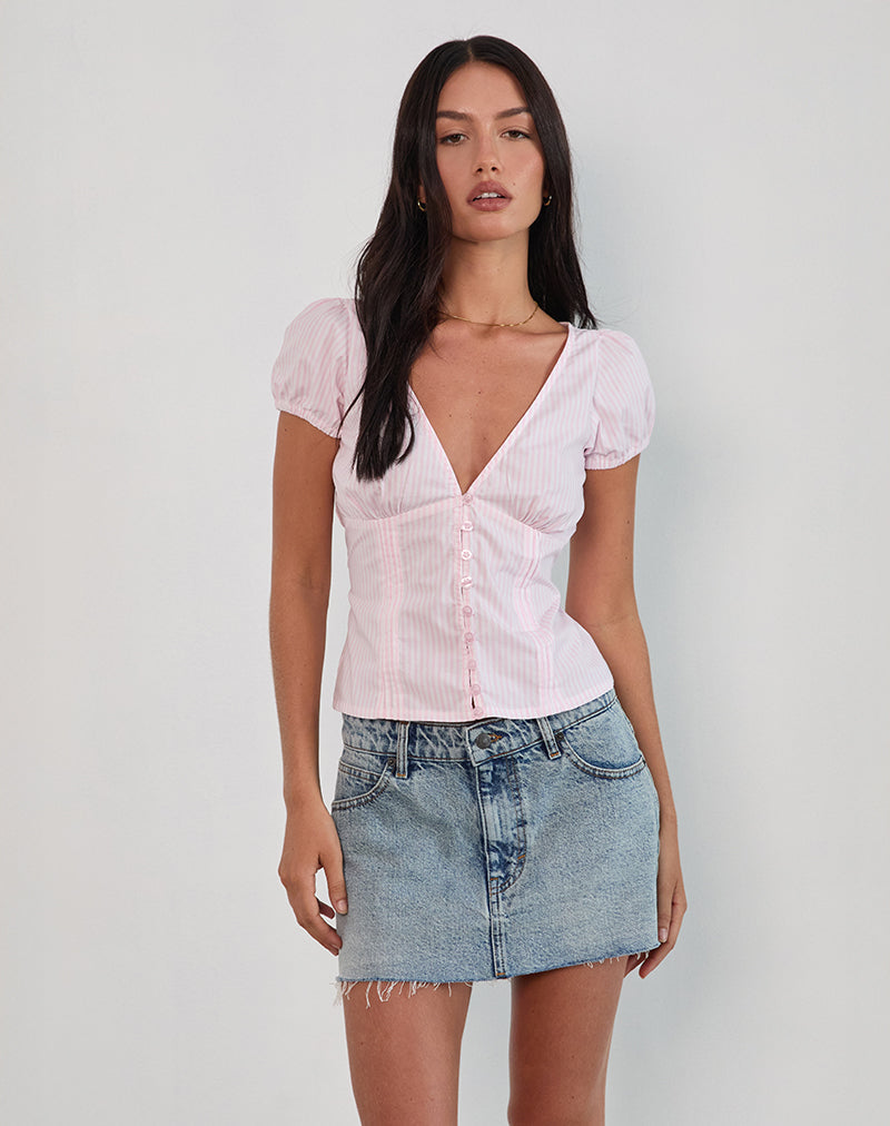 Inasha Top in Candy Pink Small Vertical Stripe