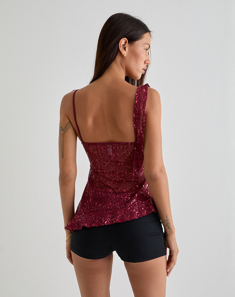 Iranila Asymmetric Top in Gauzy Sequin Red