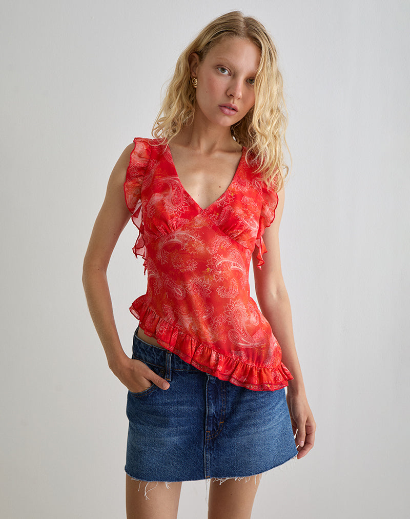 Iravela Asym Top in Paisley Chiffon Red