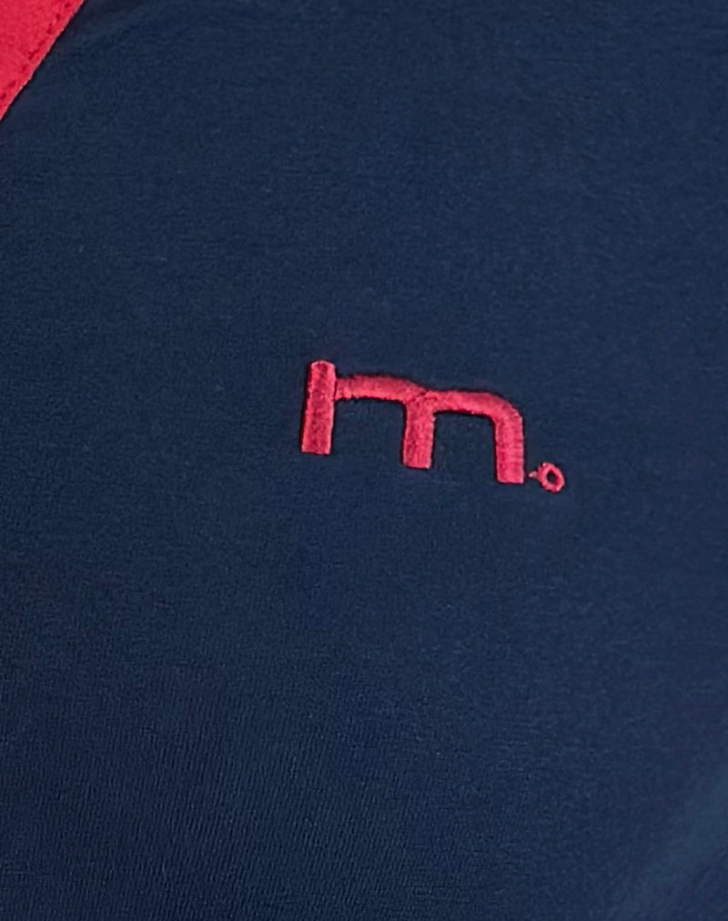 Isda Top in Navy with Adrenaline Red Binding and M Embroidery