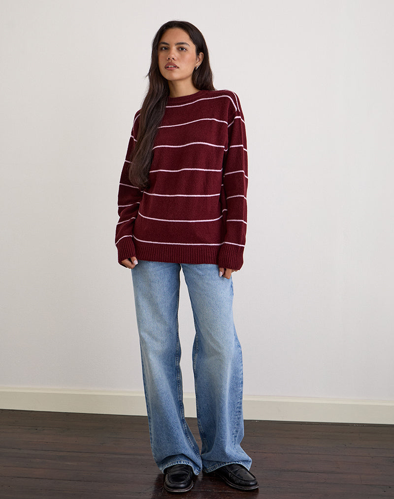 Ishari Knitted Jumper in Burgundy with Pink Stripe